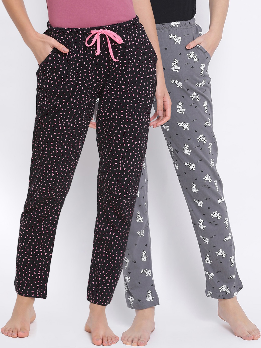 

Kanvin Women Pack Of 2 Printed Pure Cotton Lounge Pants, Grey