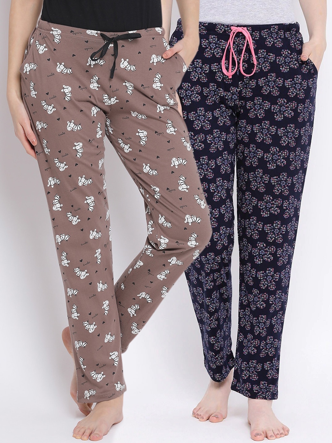 

Kanvin Women Pack Of 2 Printed Pure Cotton Lounge Pants, Brown