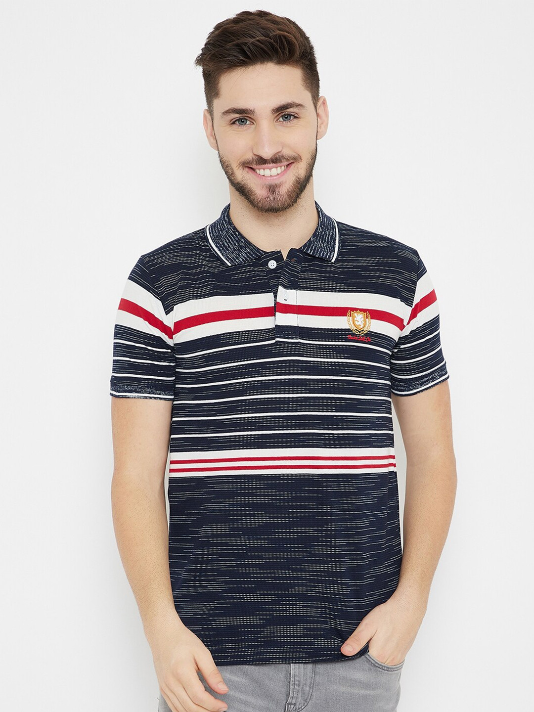 

Duke Men Navy Blue & White Slim-Fit Striped Cotton Polo Collar T-shirt