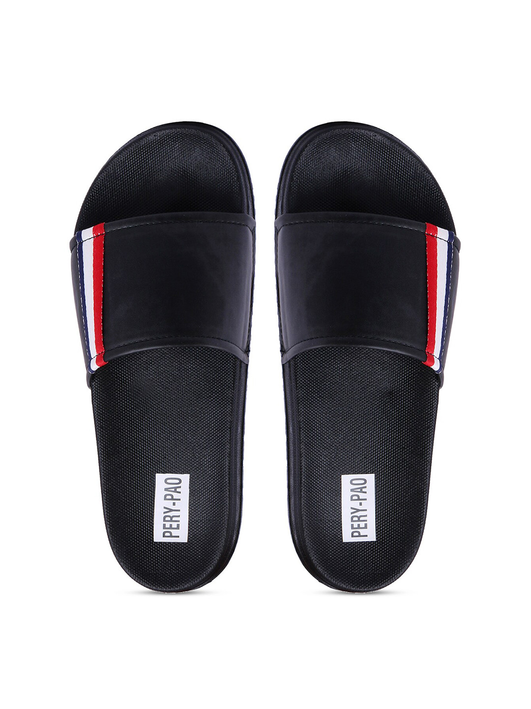 

PERY PAO Men Black Striped Rubber Sliders