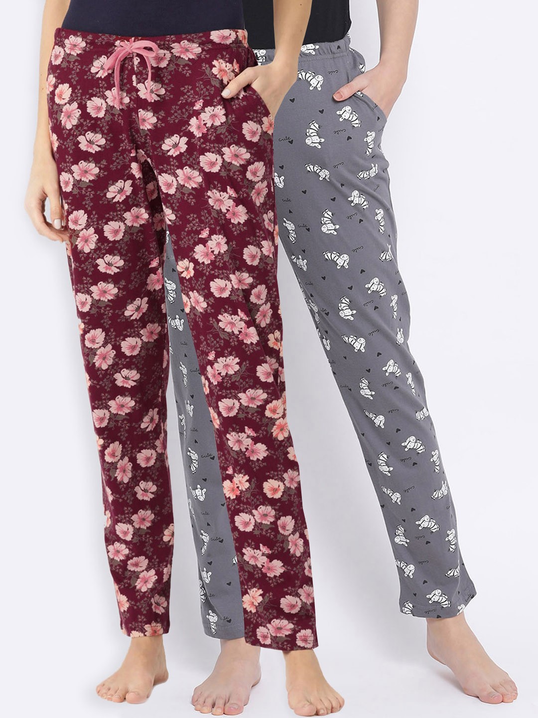 

Kanvin Women Pack Of 2 Printed Pure Cotton Lounge Pants, Grey