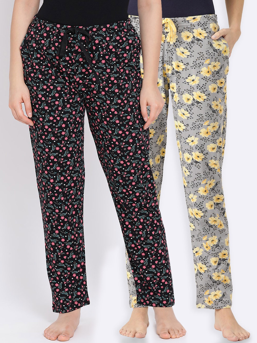 

Kanvin Women Pack Of 2 Printed Pure Cotton Lounge Pants, Black