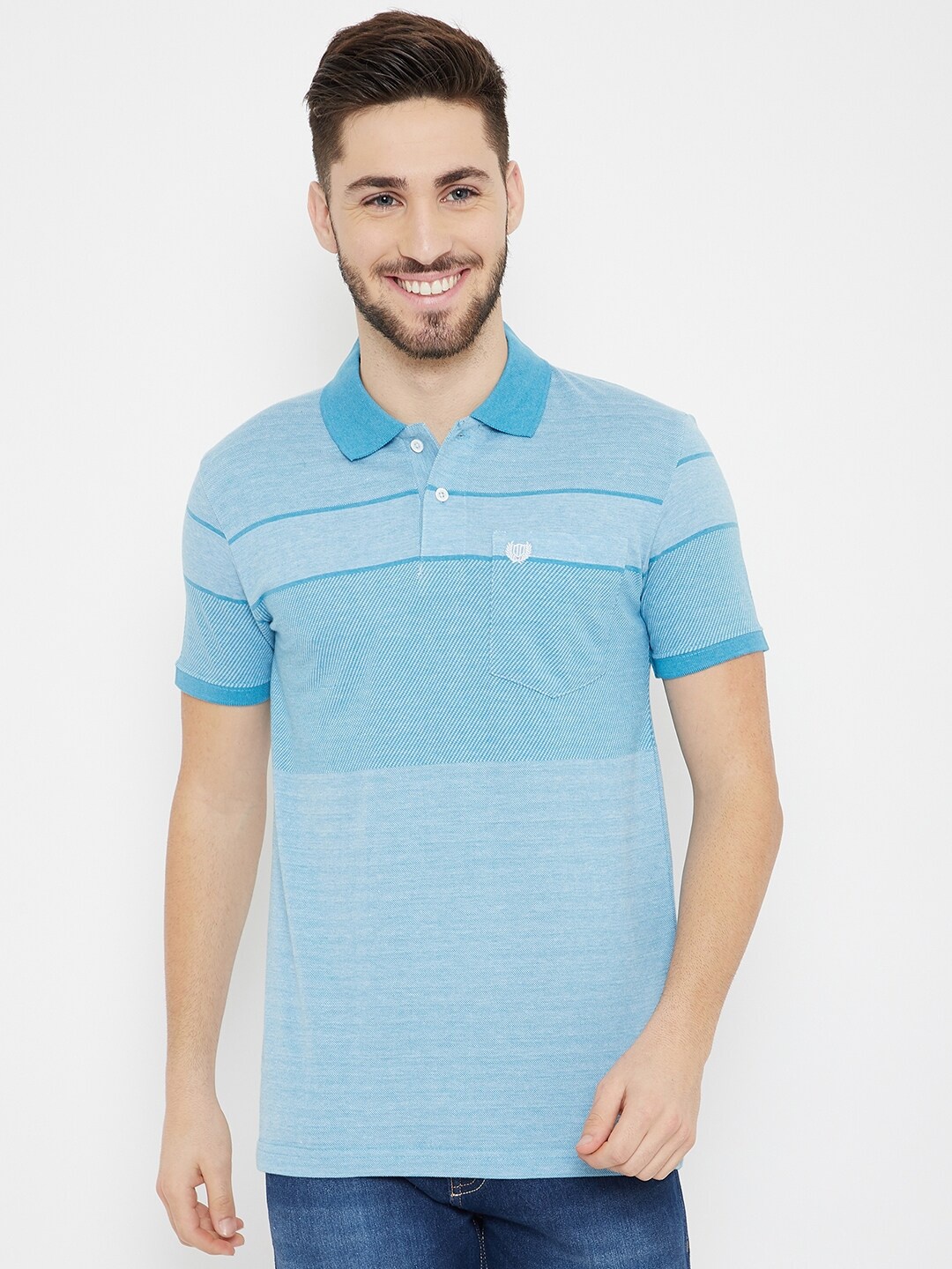 

Duke Men Blue & White Striped Cotton Polo Collar T-shirt