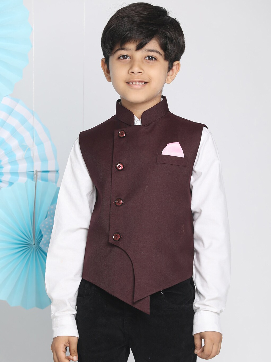 

VASTRAMAY Boys Maroon Solid Satin Nehru Jacket