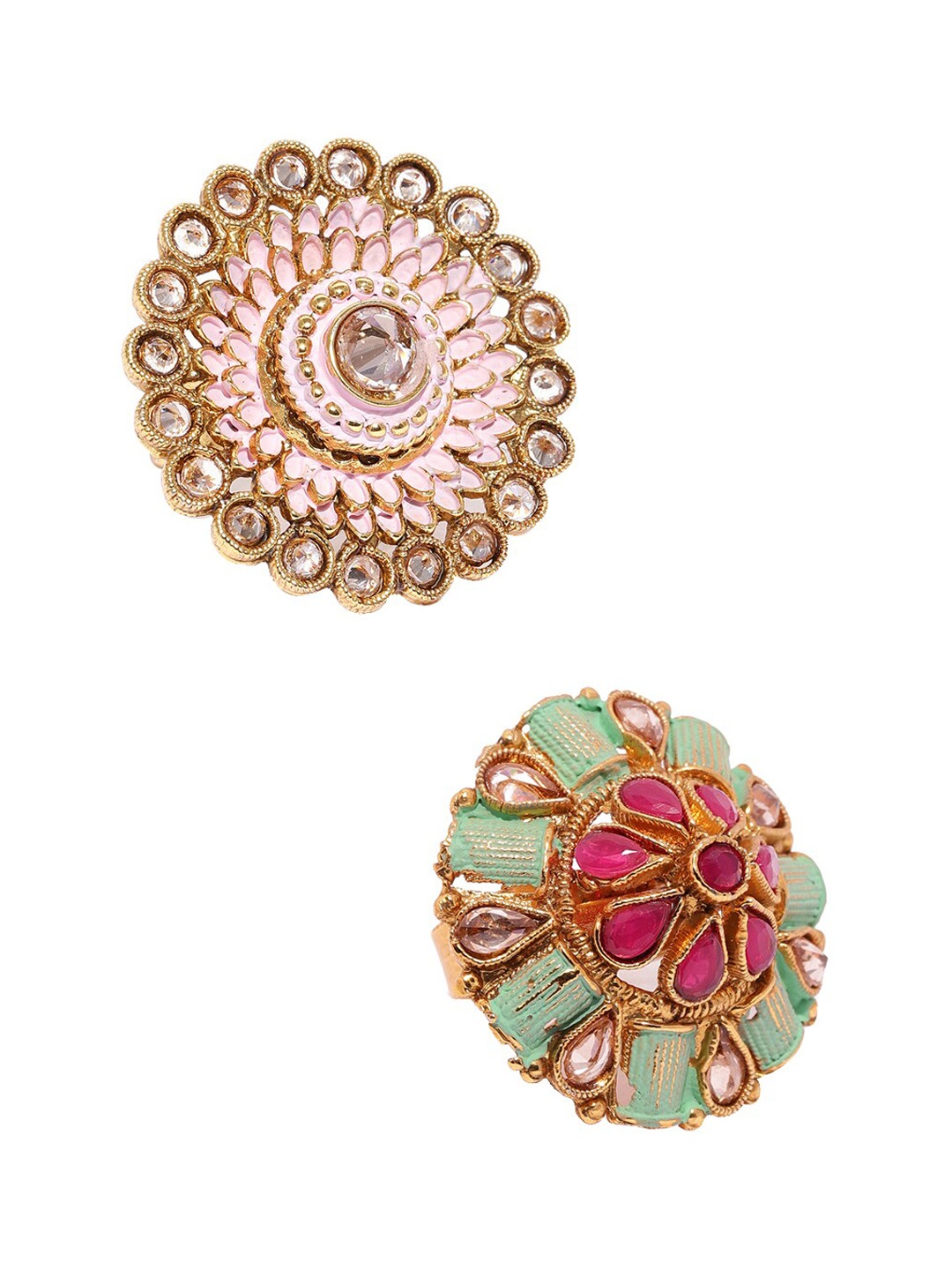 

Zaveri Pearls Set Of 2 Gold-Plated Kundan-Studded Meenakari Adjustable Finger Rings
