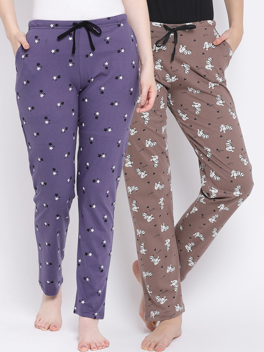 

Kanvin Women Pack Of 2 Printed Pure Cotton Lounge Pants, Brown