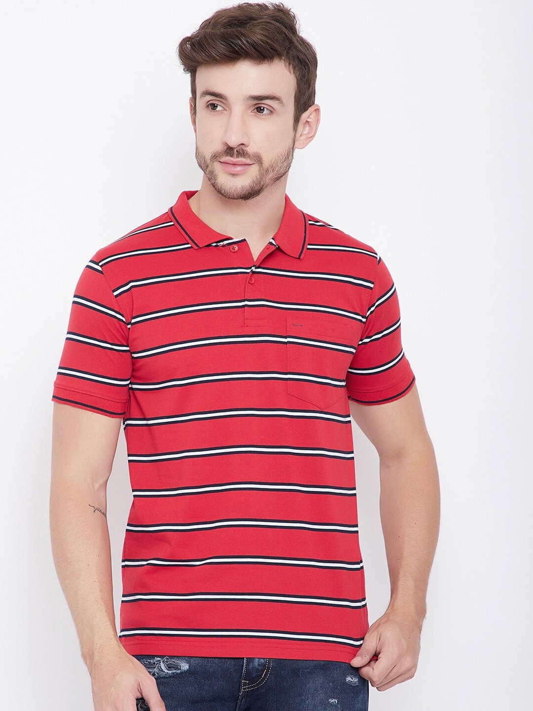 

Okane Men Red & White Striped Polo Collar T-shirt