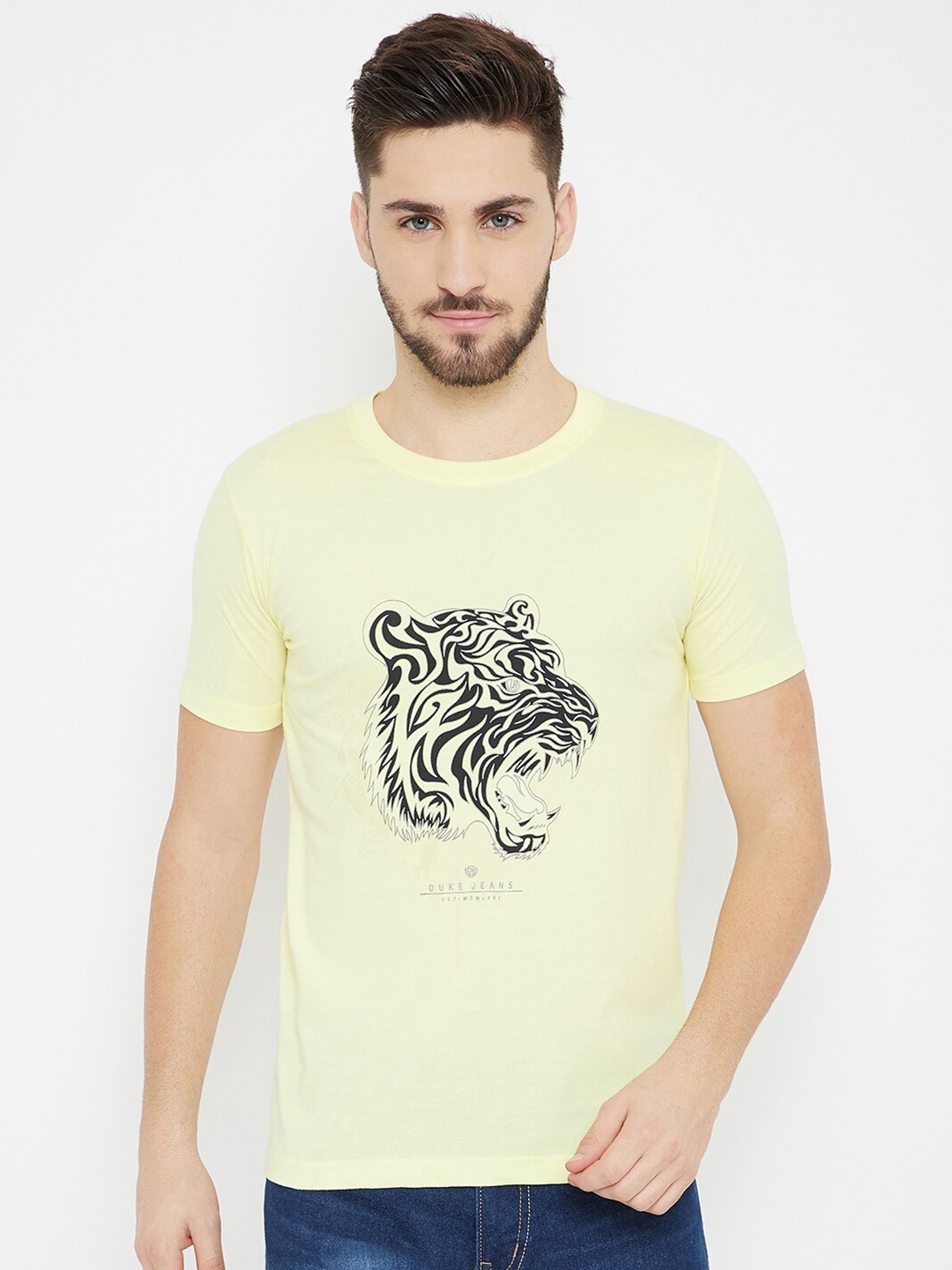 

Duke Men Yellow & Black Slim-Fit Tiger Print Cotton Round Neck T-shirt
