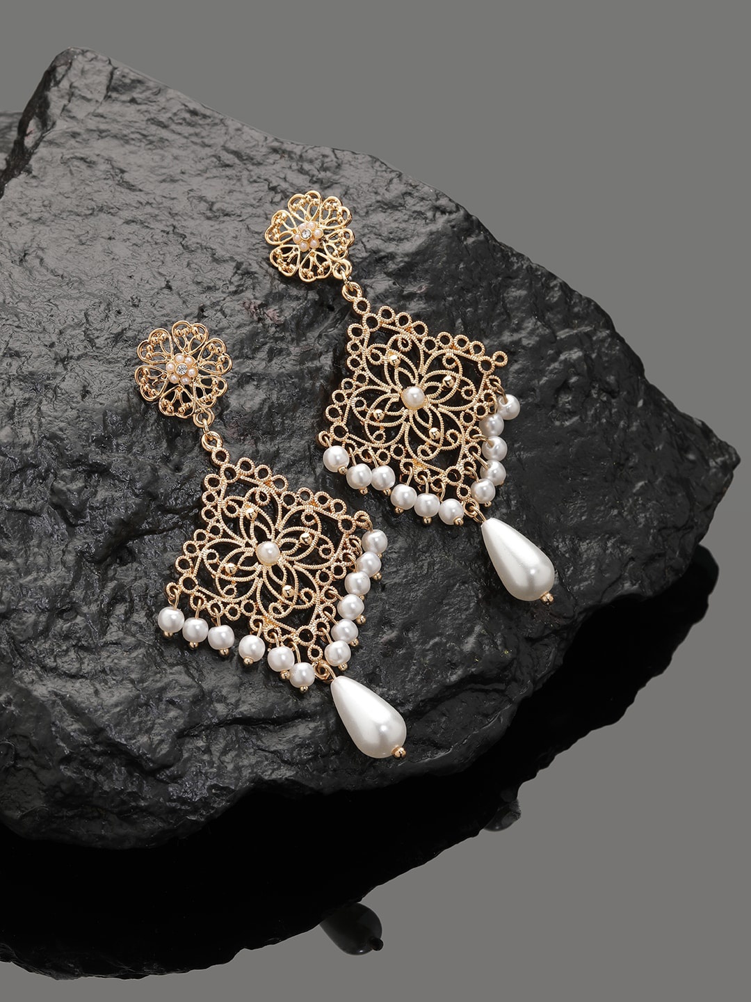 

Accessorize London Gold-Plated Floral Ethnic Pearl Filigree Long Drop Earrings
