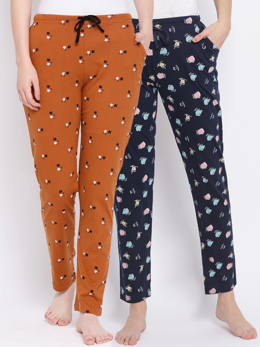 

Kanvin Women Pack Of 2 Printed Pure Cotton Lounge Pants, Navy blue
