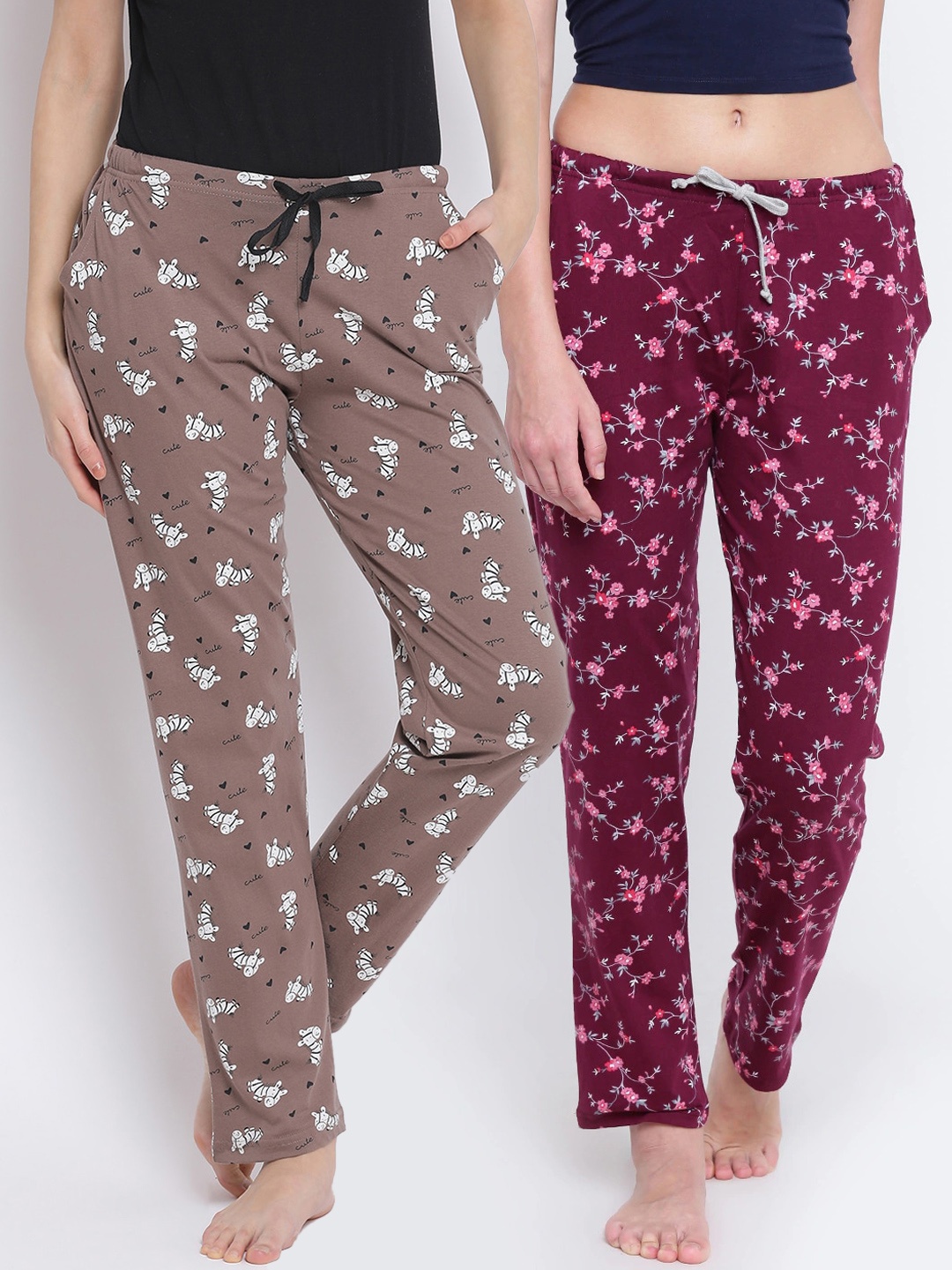

Kanvin Women Pack Of 2 Printed Pure Cotton Lounge Pants, Brown