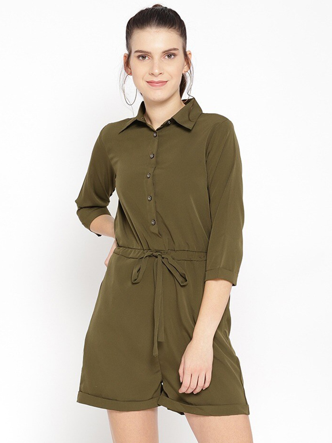 

Cottinfab Women Olive Green Solid Playsuit