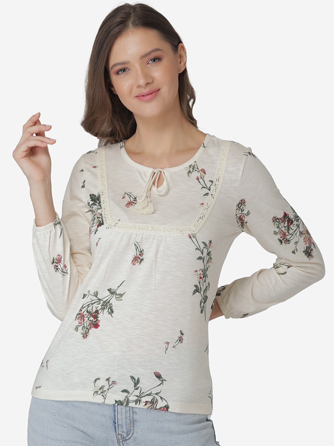 

Mode by Red Tape Off White Floral Tie-Up Neck Regular Top