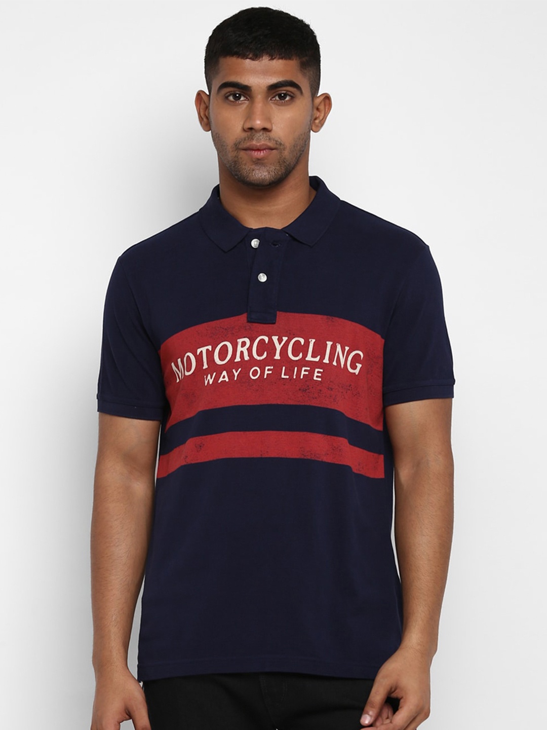 Royal Enfield Men Navy Blue & Red Colourblocked Polo Collar T-shirt