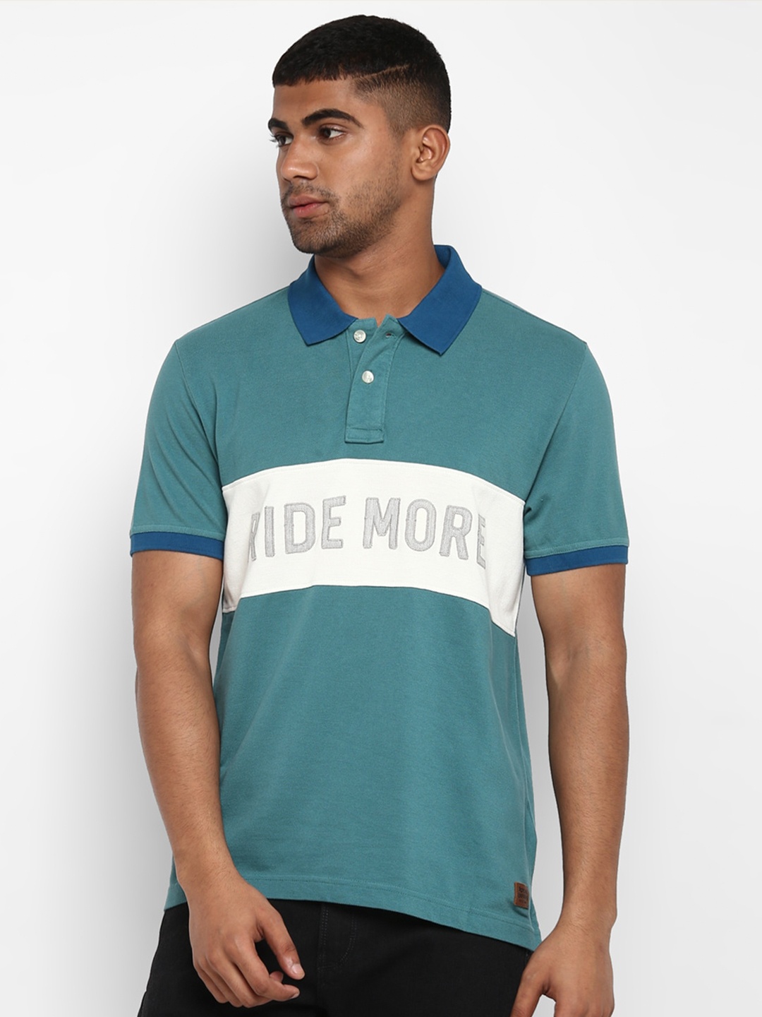 

Royal Enfield Men Teal Green & White Colourblocked Polo Collar T-shirt
