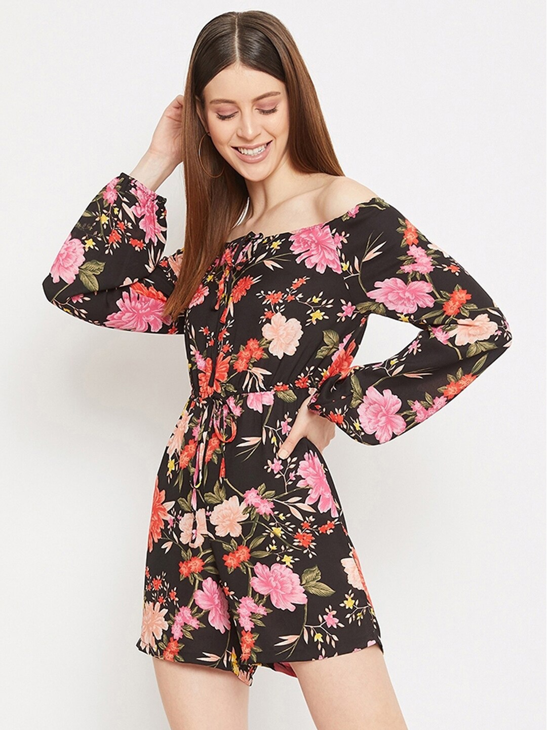 

Berrylush Women Black & Pink Printed Playsuit