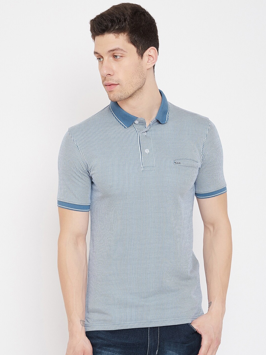 

Okane Men Blue Striped Polo Collar T-shirt