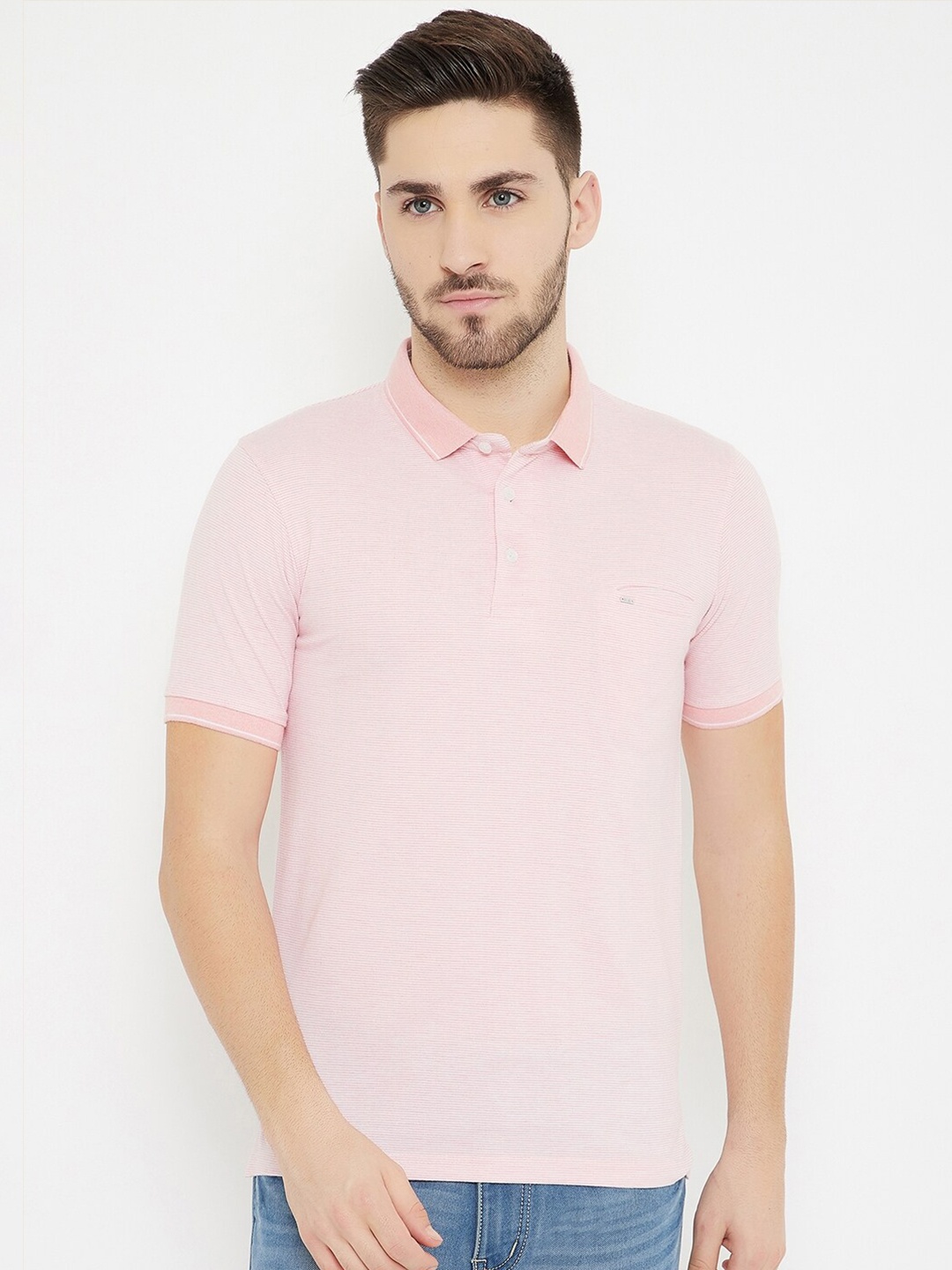 

Okane Men Pink Striped Polo Collar T-shirt