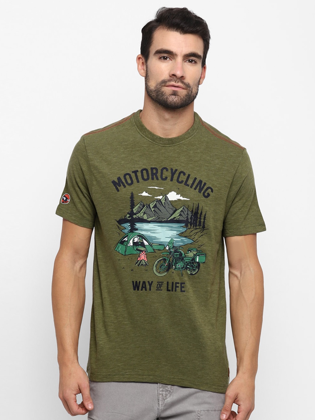 

Royal Enfield Men Olive Green Printed Round Neck T-shirt