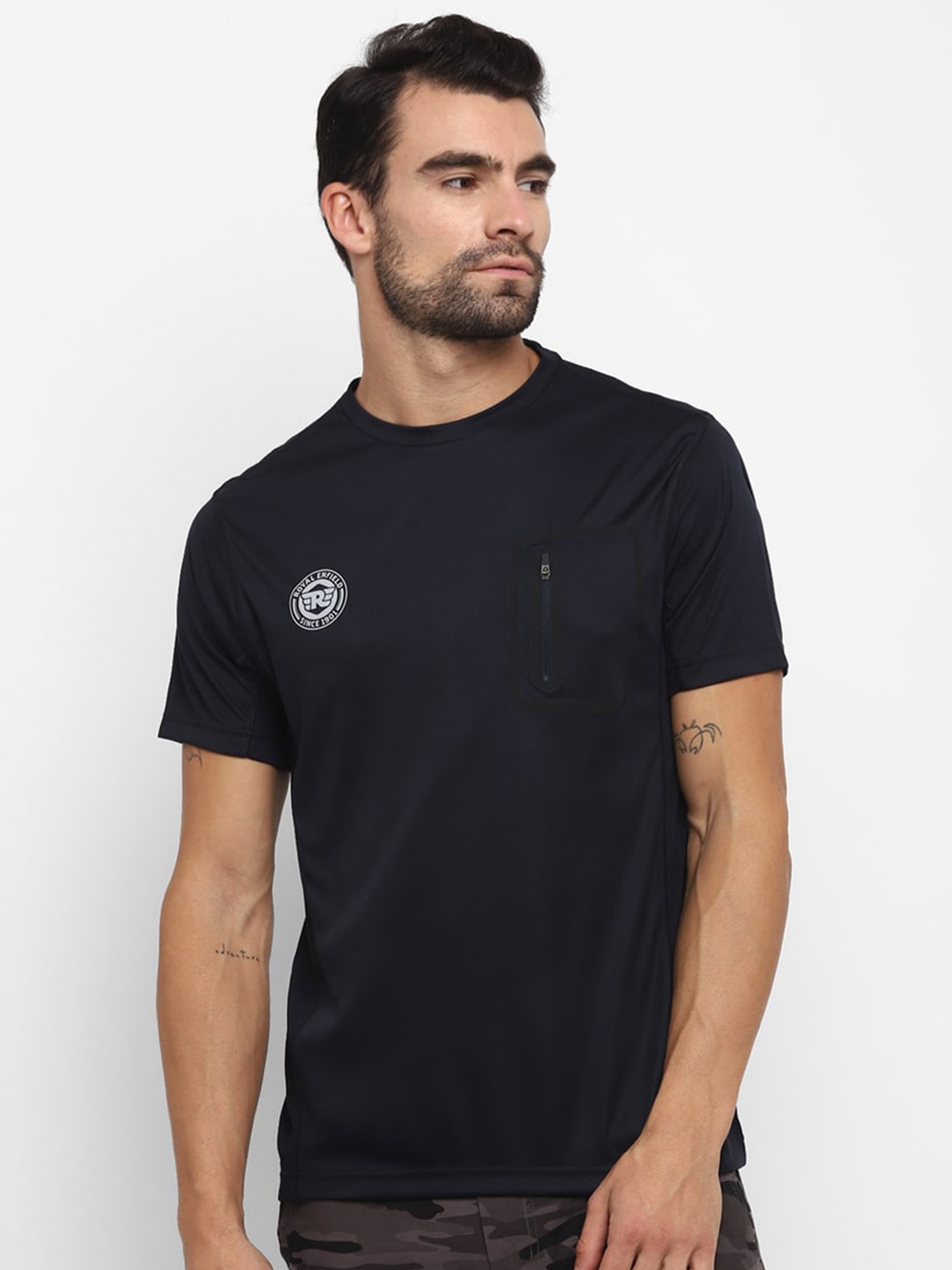 

Royal Enfield Men Black Solid Round Neck T-shirt with Printed Detail