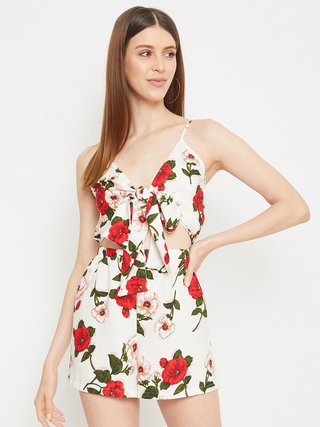

Berrylush Women White & Red Printed Playsuit