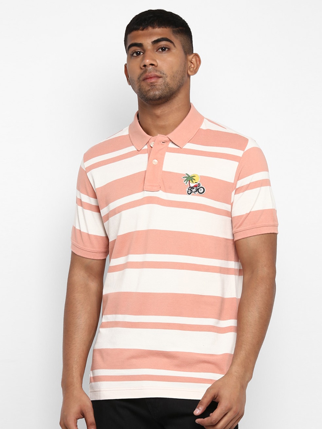 

Royal Enfield Men Pink & White Striped Polo Collar T-shirt