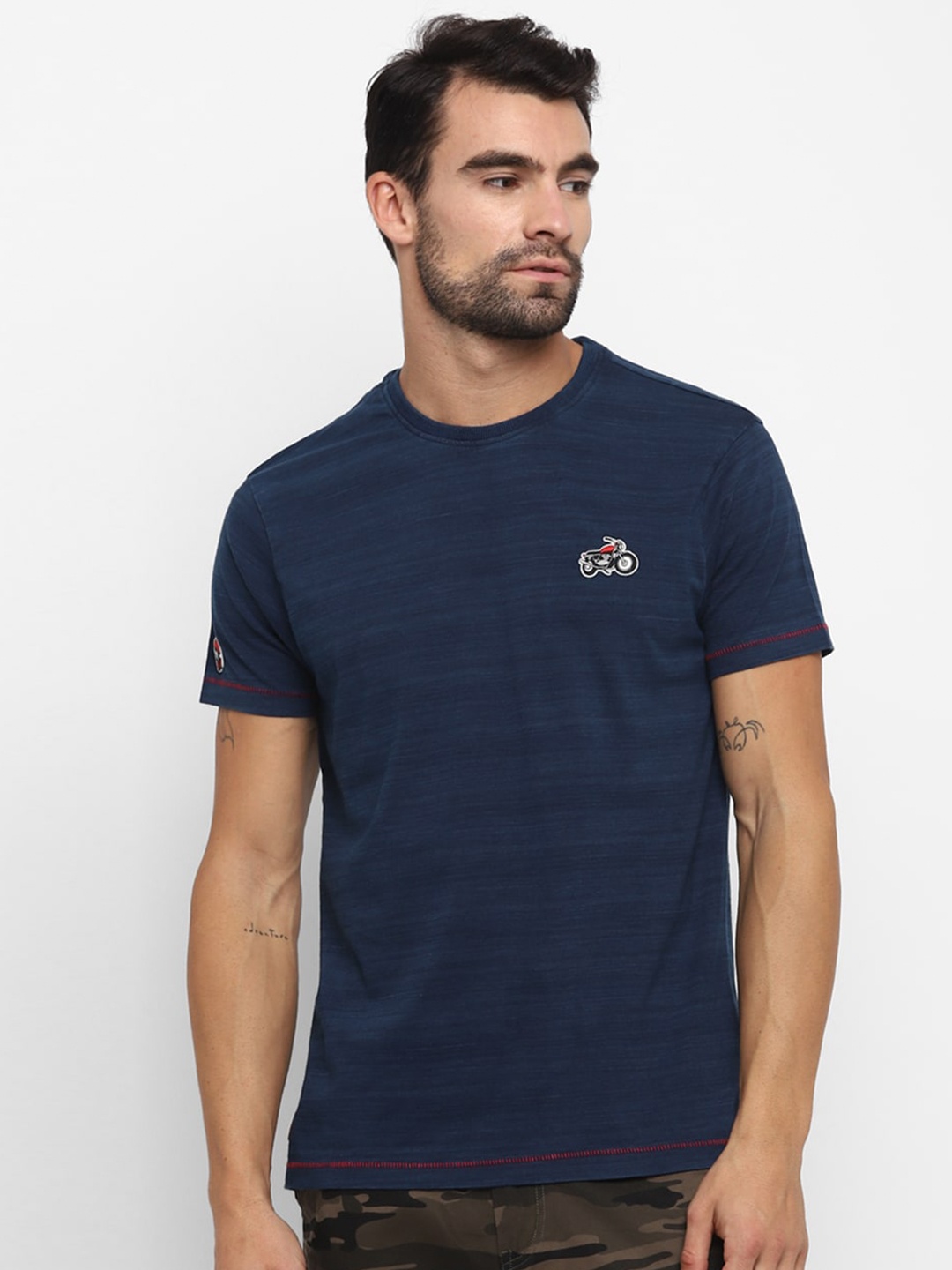 

Royal Enfield Men Navy Blue Striped Round Neck T-shirt