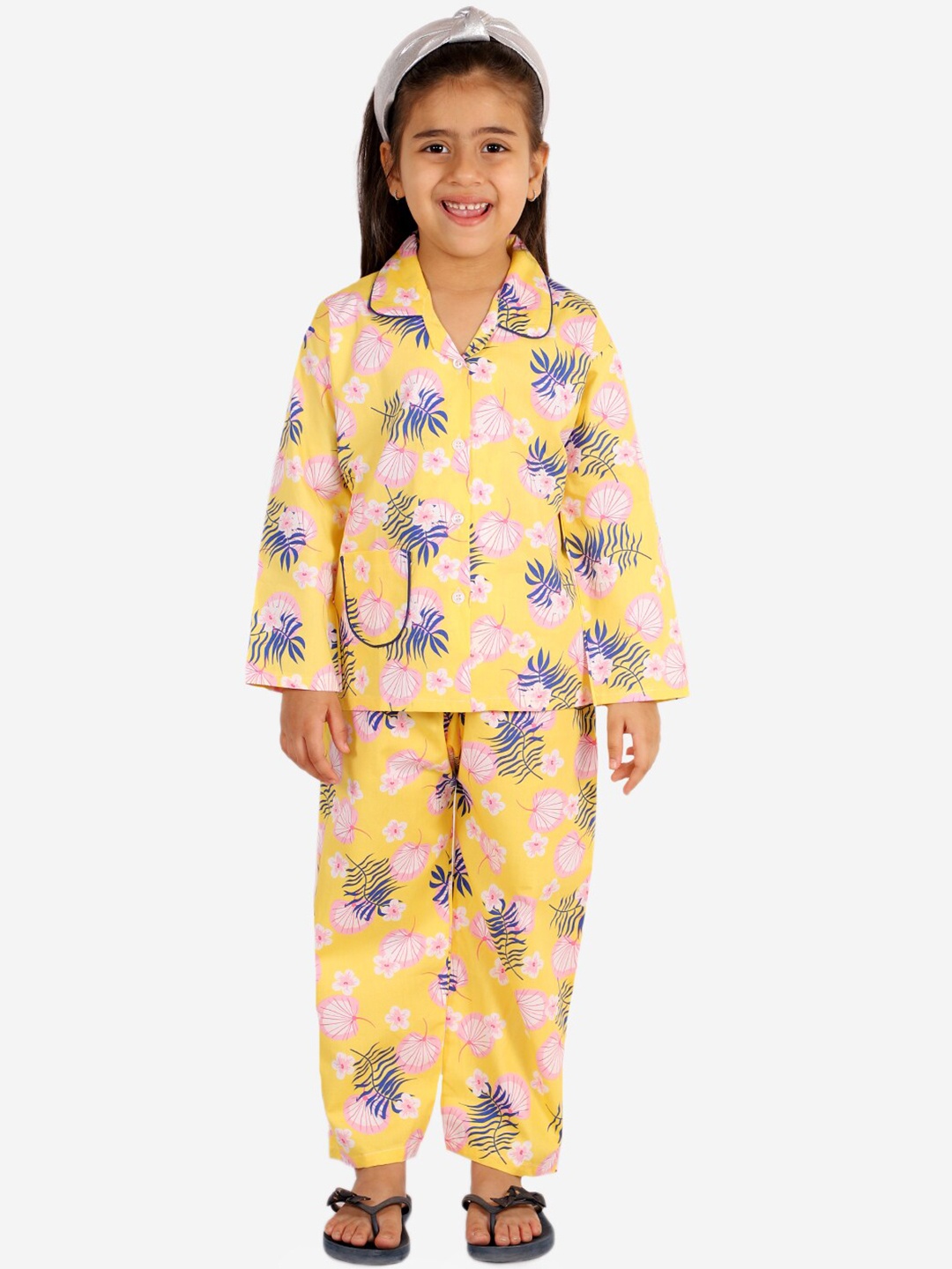 

KID1 Girls Yellow & Pink Hawaiian Prin Pure Cotton Night Suit