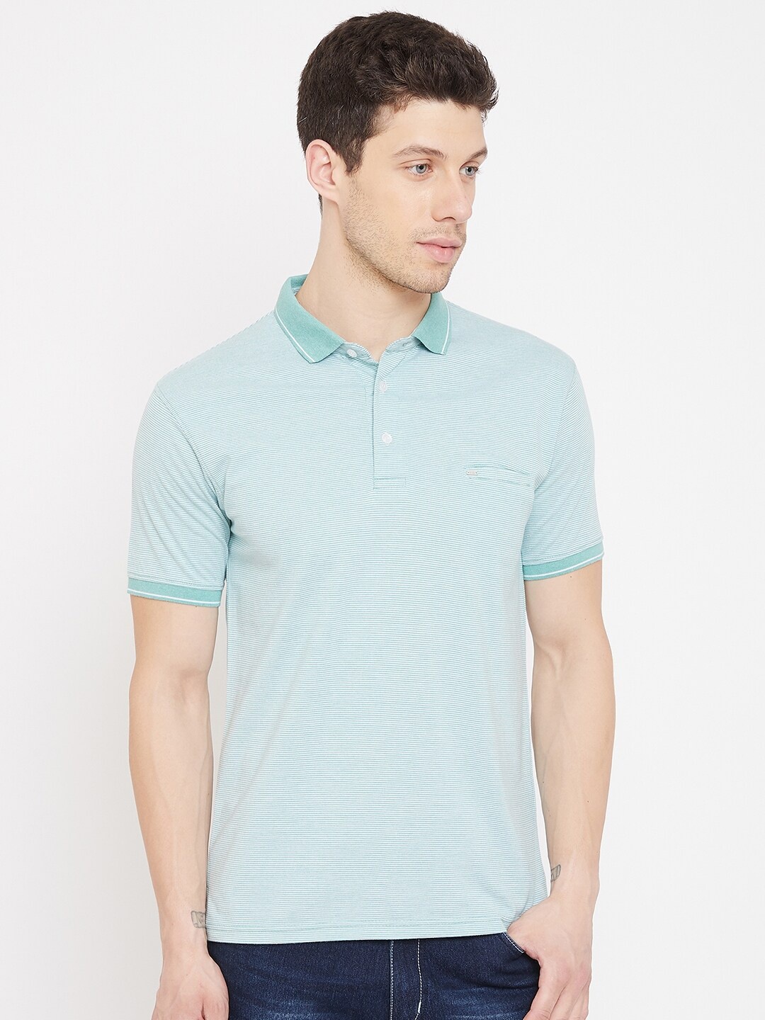 

Okane Men Green Striped Polo Collar T-shirt