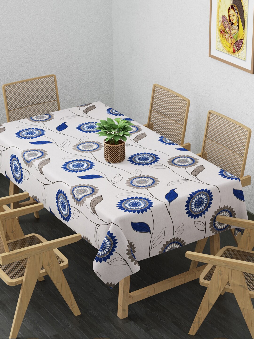 

Clasiko Off-White & Navy Blue Floral Printed 100% Cotton Rectangle Table Cloth