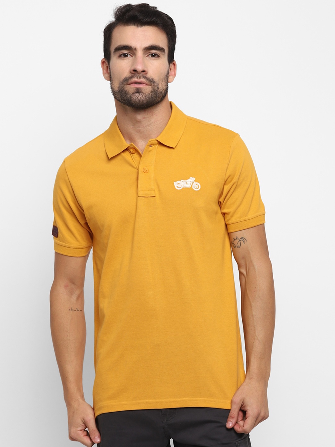 Royal Enfield Men Mustard Yellow Solid Polo Collar T-shirt with Embroidery