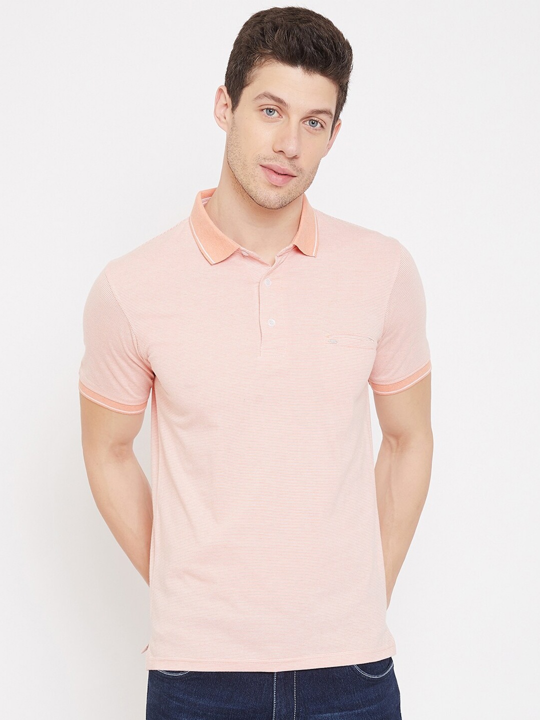 

Okane Men Peach-Coloured Striped Polo Collar T-shirt