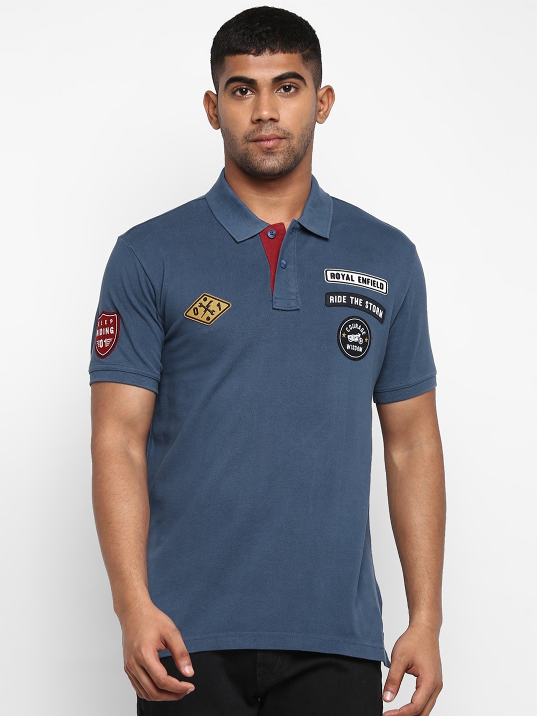 

Royal Enfield Men Blue Solid Polo Collar T-shirt with Applique Detail