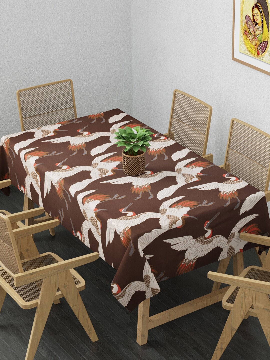 

Clasiko Coffee Brown & Beige Bird Print Cotton 6 Seater Table Cloth