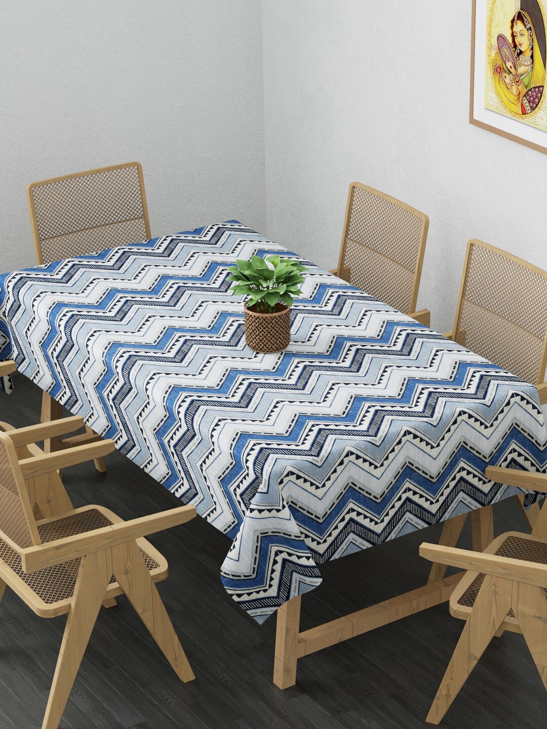 

Clasiko Blue & White Chevron Printed Cotton Rectangular Table Cover