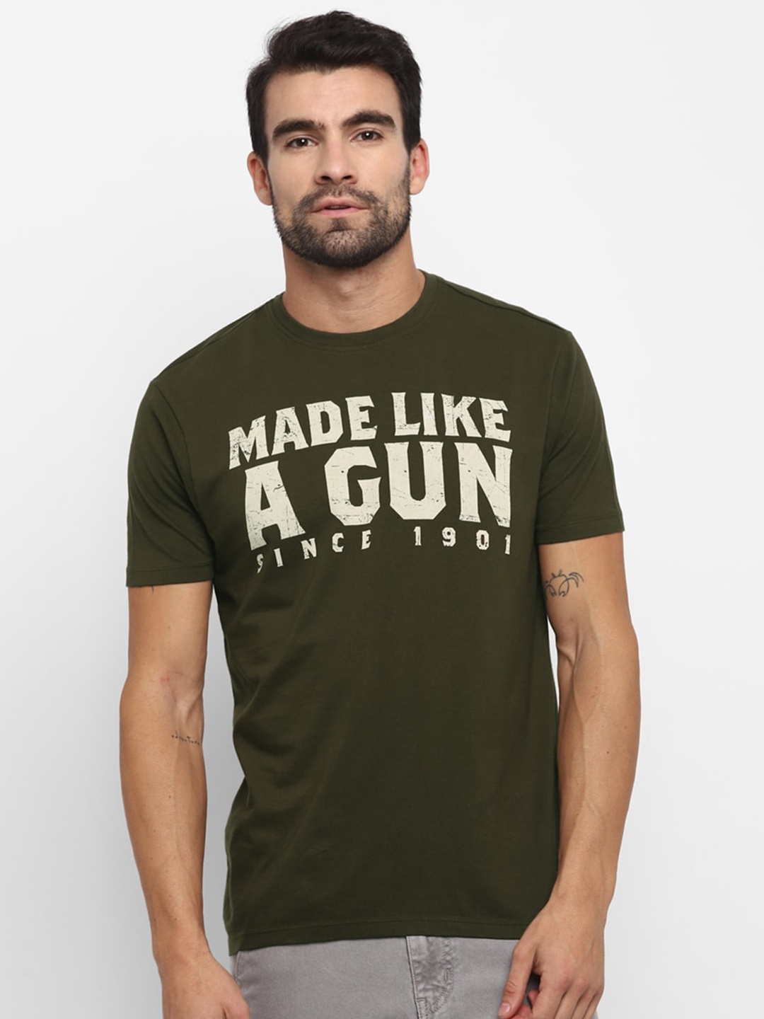 

Royal Enfield Men Olive Green Printed Round Neck T-shirt