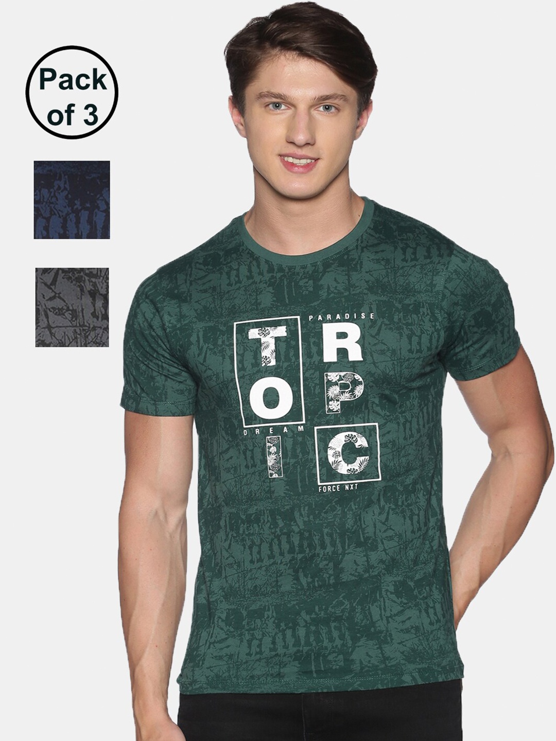 

Force NXT Men Pack of 3 Printed Round Neck Super Combed Cotton T-shirts, Green