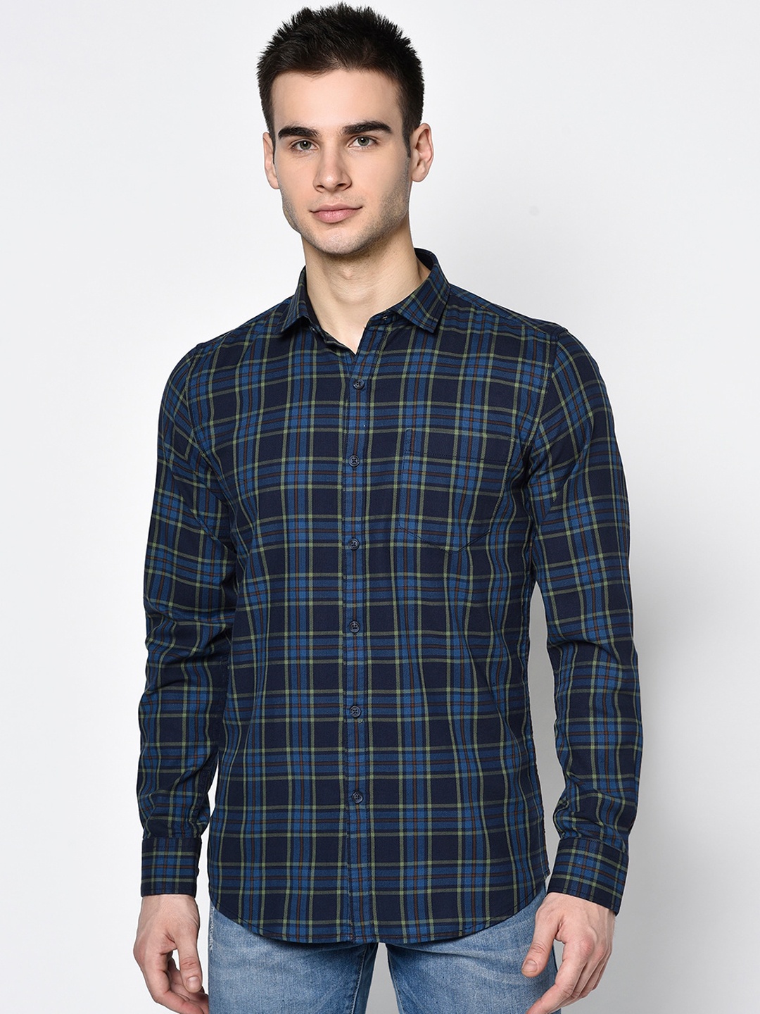 

METTLE Men Blue Regular Fit Checked Casual Shirt
