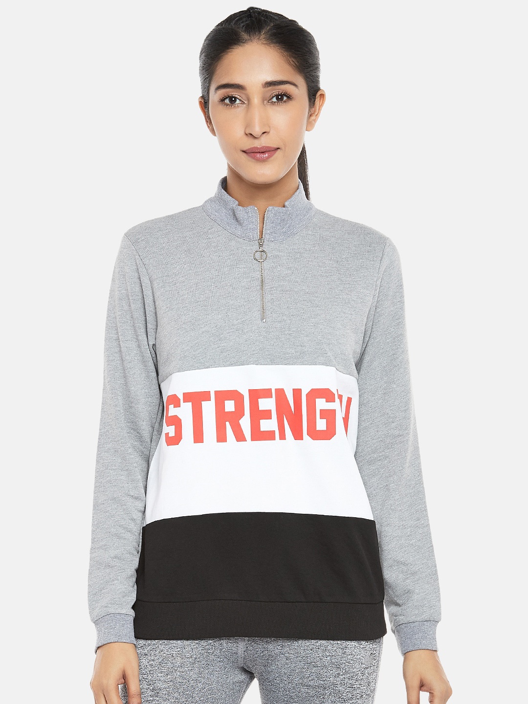 

Ajile by Pantaloons Women Grey Melange & Black Colourblocked Sweatshirt