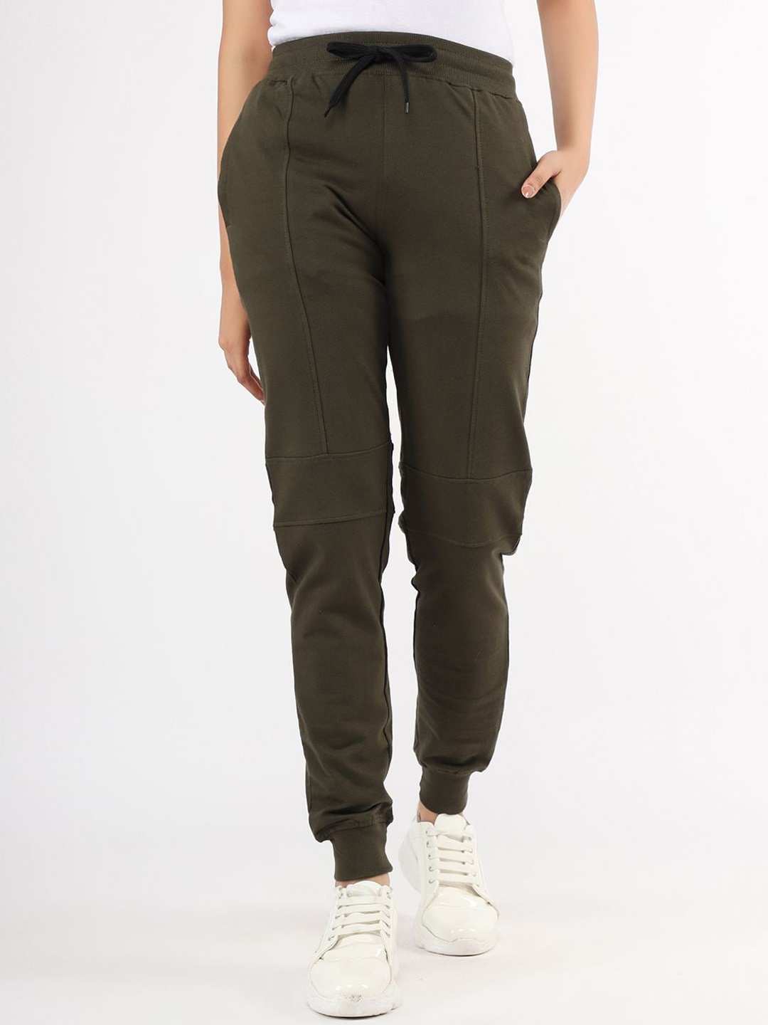 

VEIRDO Women Olive Green Solid Slim-Fit Cotton Joggers