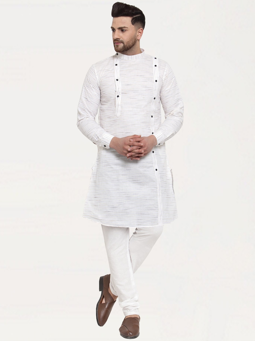 

KLOTTHE Men White Striped Angrakha Straight Kurti & Pyjamas