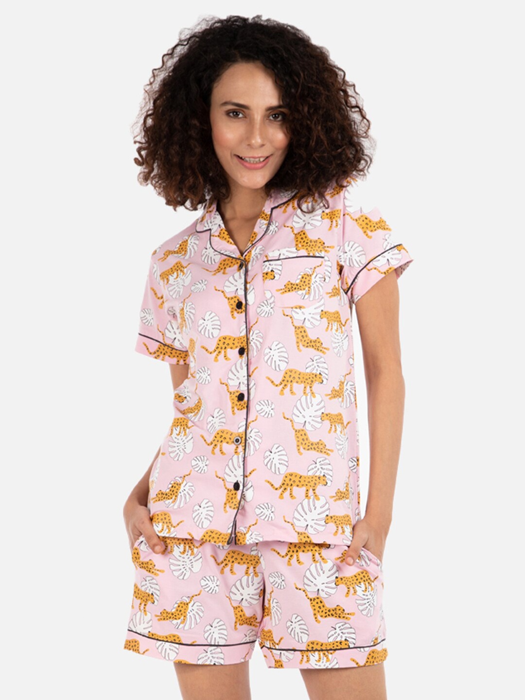 

Nite Flite Women Pink & Yellow Printed Pure Cotton Night Suit