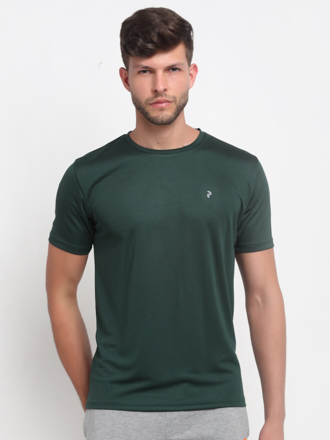 PERFKT-U Men Green Solid Round Neck Training T-shirt