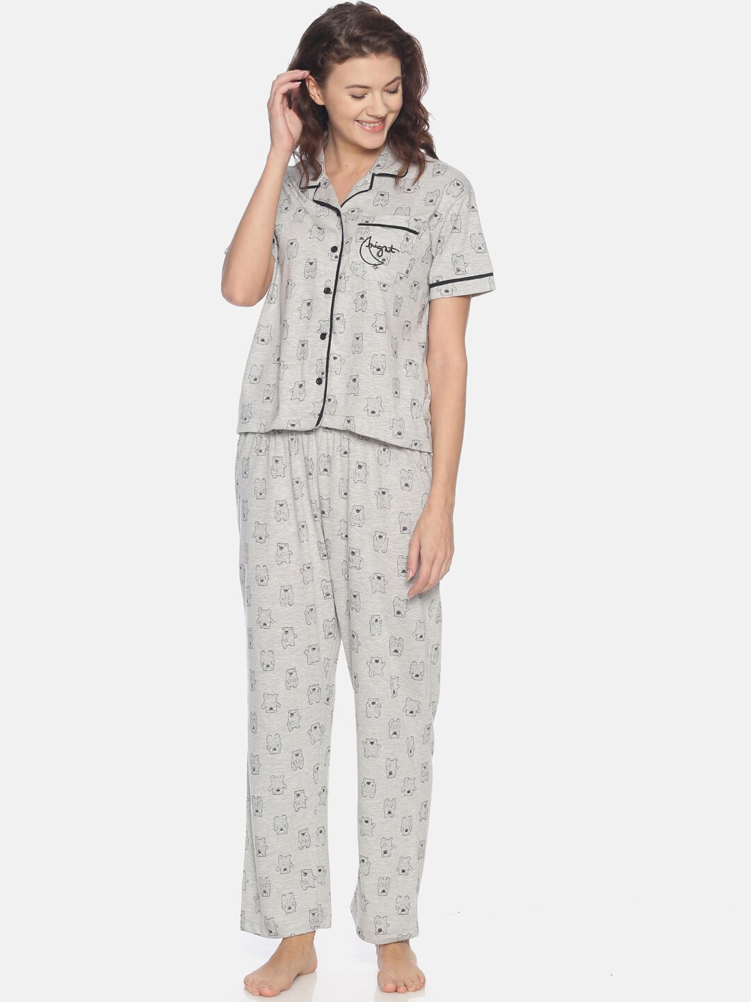 

Campus Sutra Women Grey & Black Printed Pure Cotton Night Suit