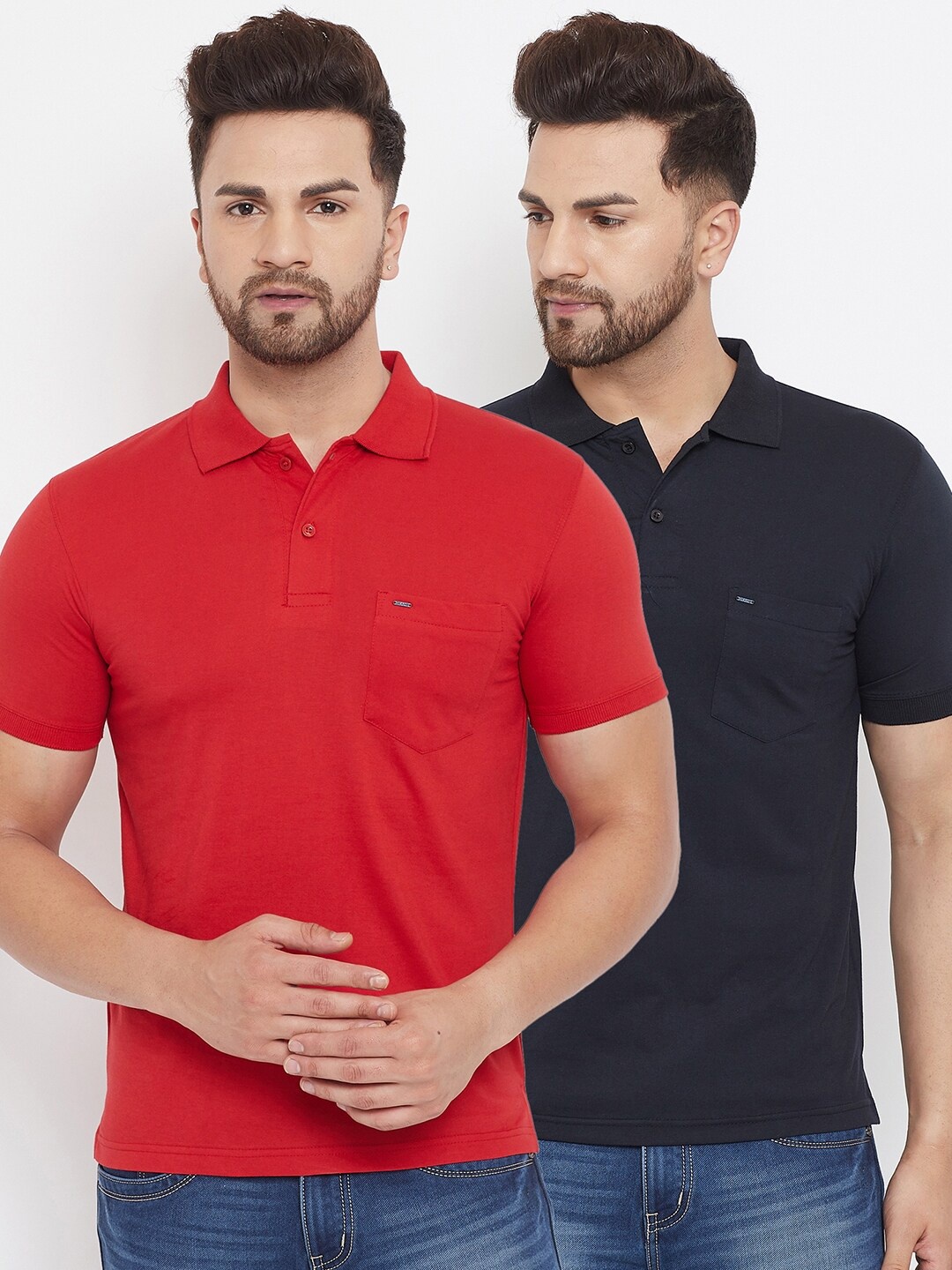 

Okane Men Navy Blue Solid Polo Collar T-shirt