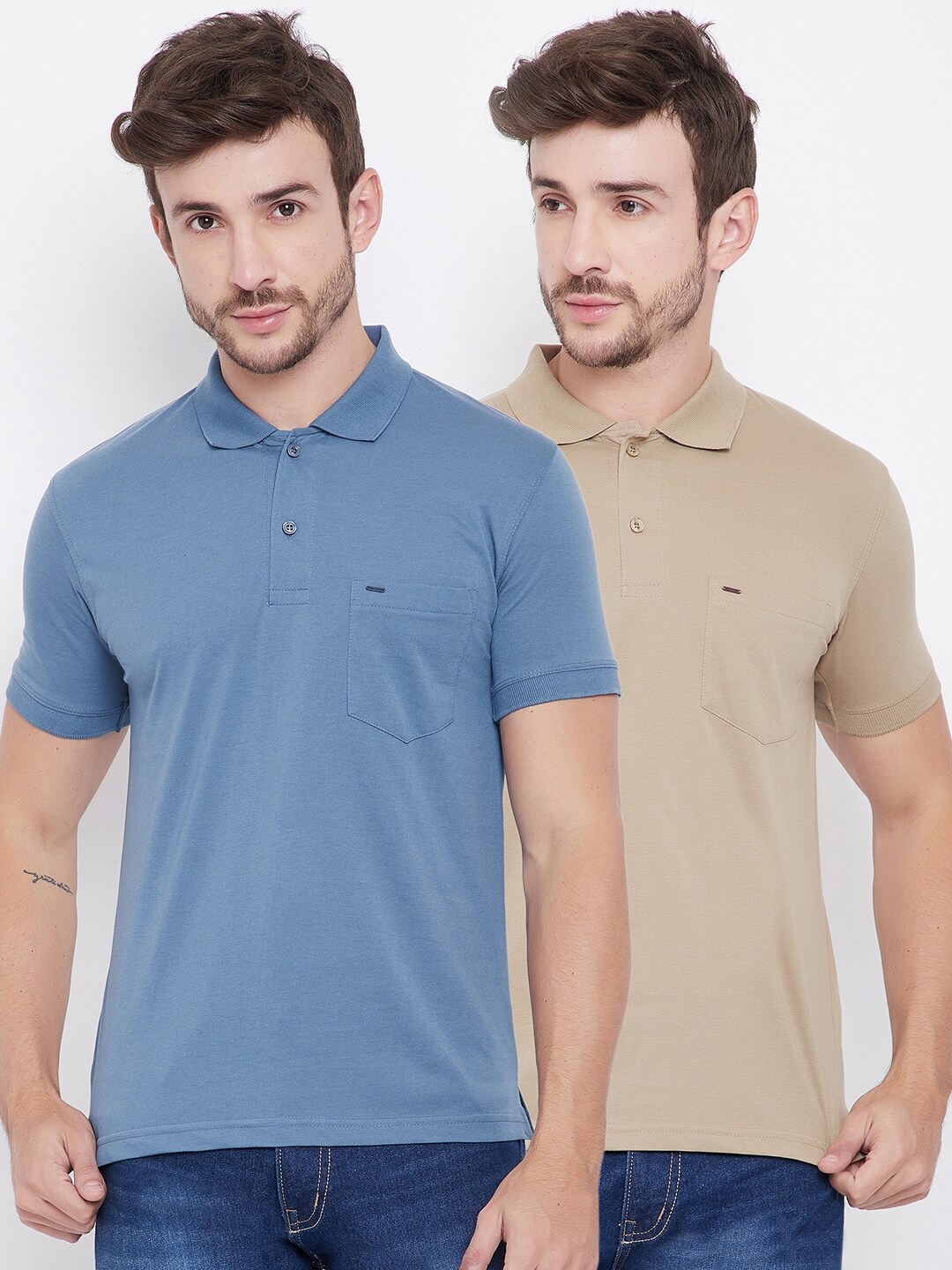 Okane Men Beige Solid Polo Collar T-shirt