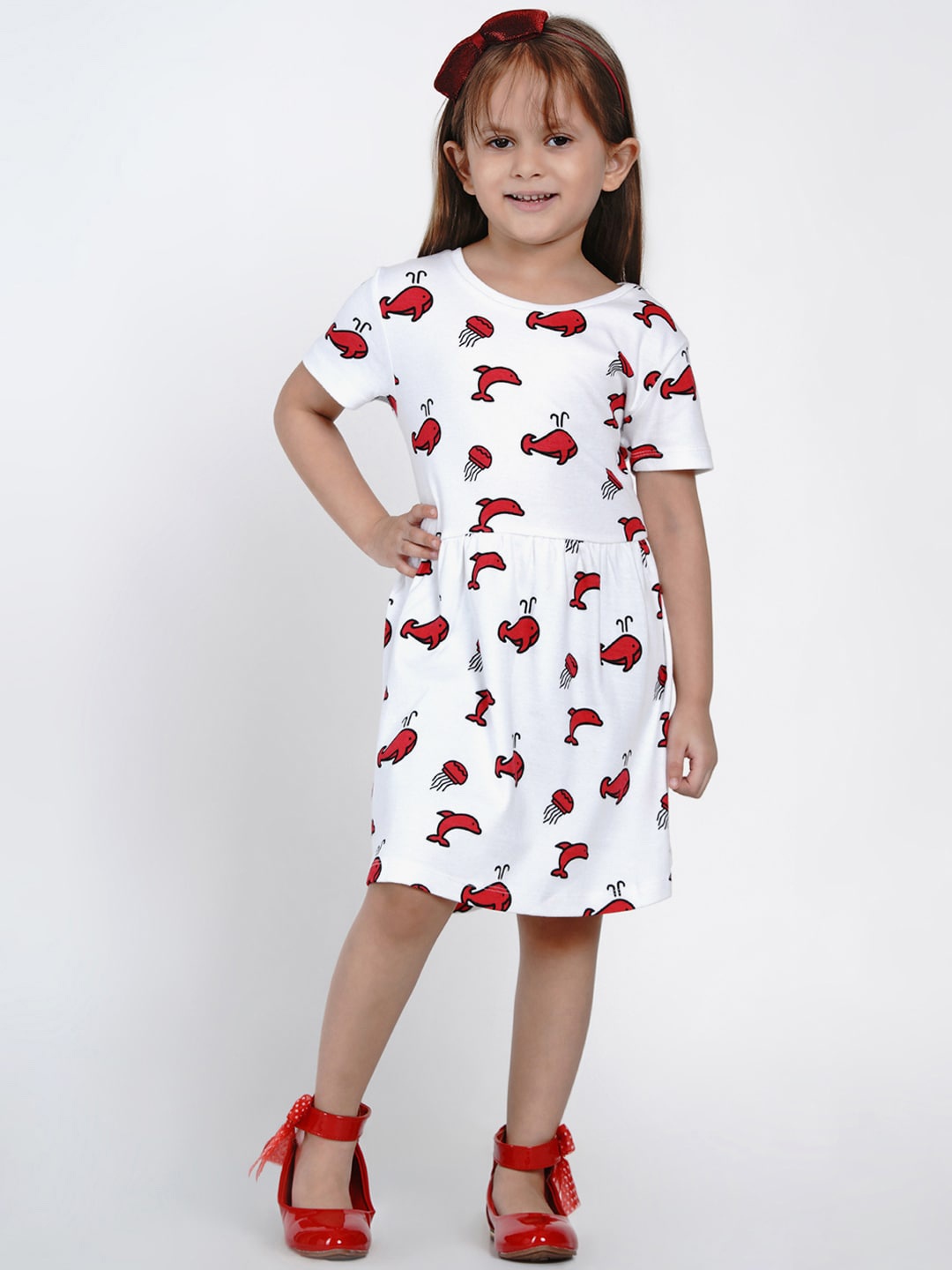 

berrytree Girls White Red Printed Fit and Flare Sustainable Dress