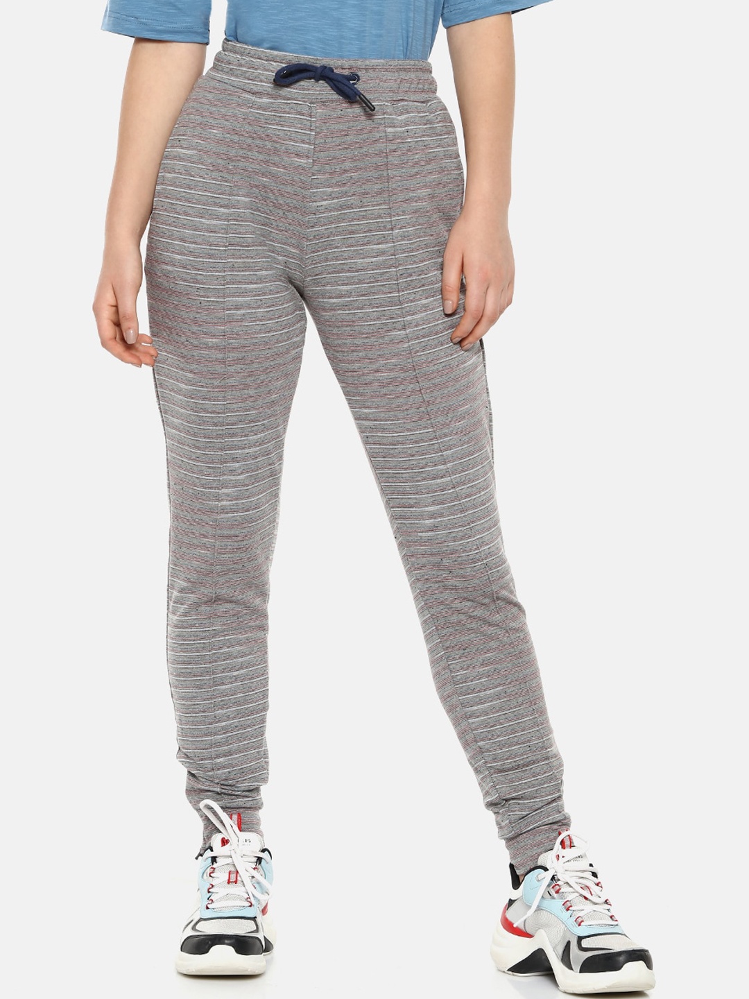 

Campus Sutra Women Grey & Red Striped Straight Fit Cotton Joggers