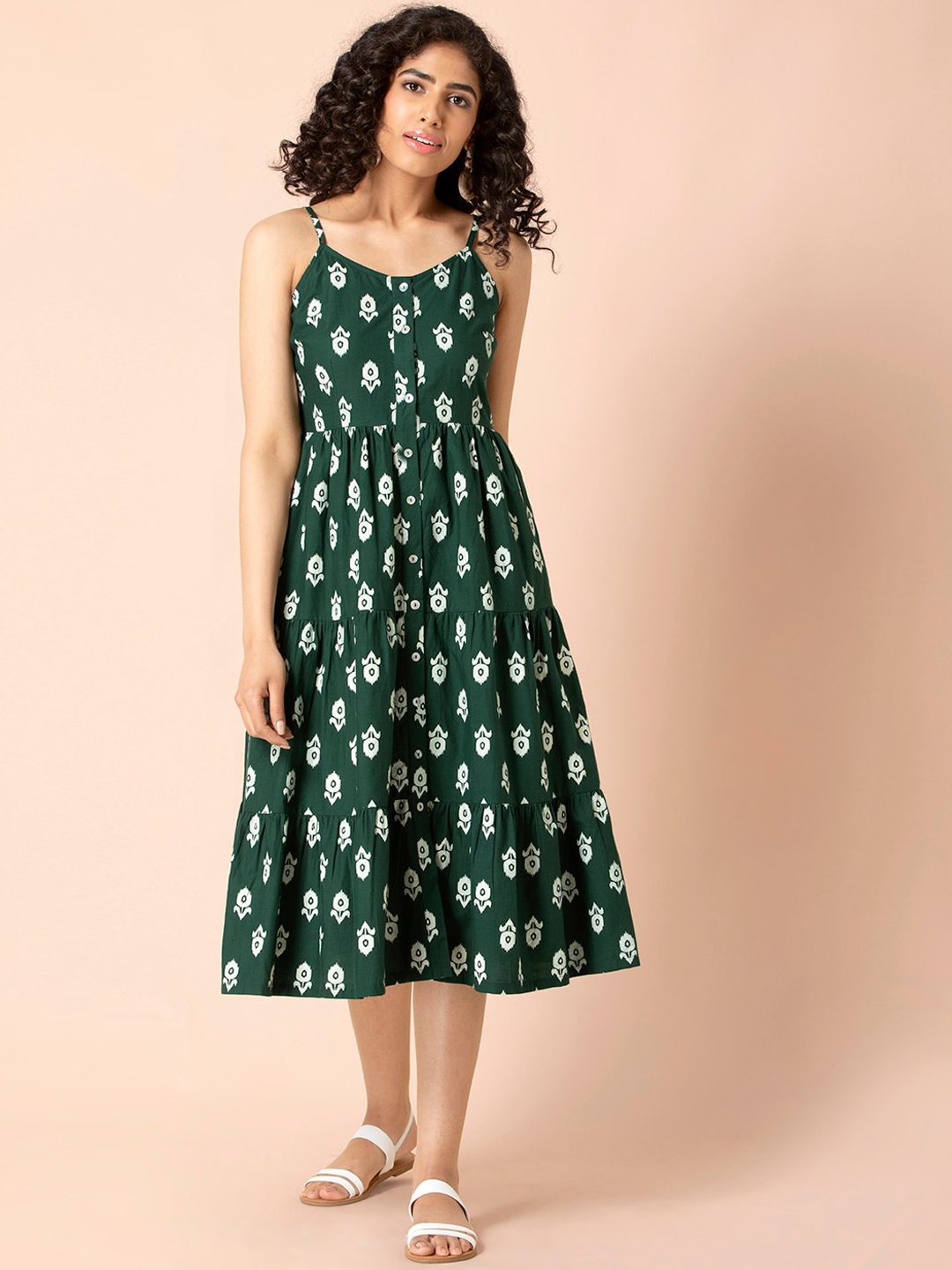 

Earthen BY INDYA Green Boota Strappy Button Down Dress