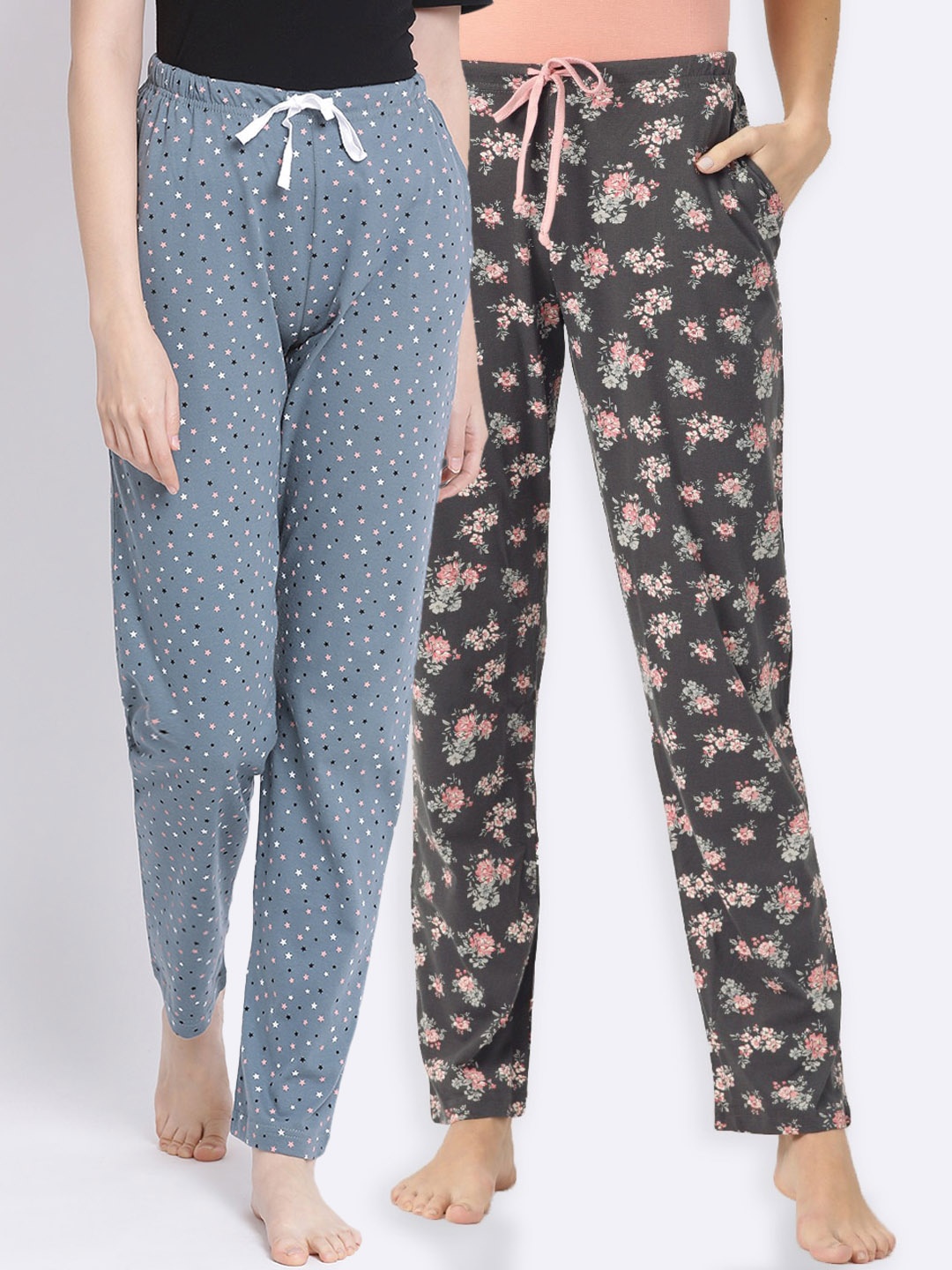 

Kanvin Women Pack of 2 Printed Pure Cotton Lounge Pants, Charcoal